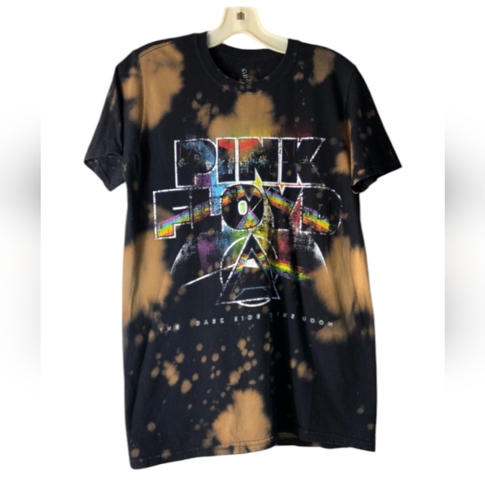 Pink Floyd Men's Bleach Tie-Dye Dark Side of The Moon Short Sleeve Shirt, Small